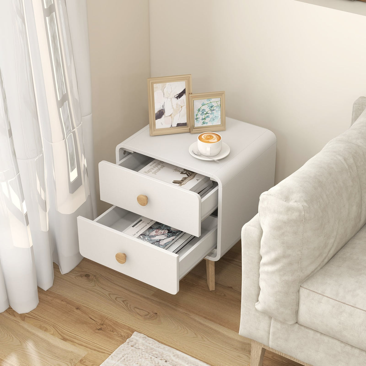 Nightstand with 2 Drawers Solid Rubber Wood Legs-White-Nightstands-DECOROLALA