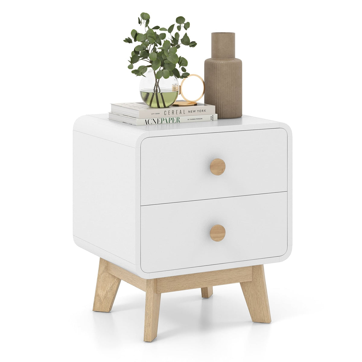 Nightstand with 2 Drawers Solid Rubber Wood Legs-White-Nightstands-DECOROLALA