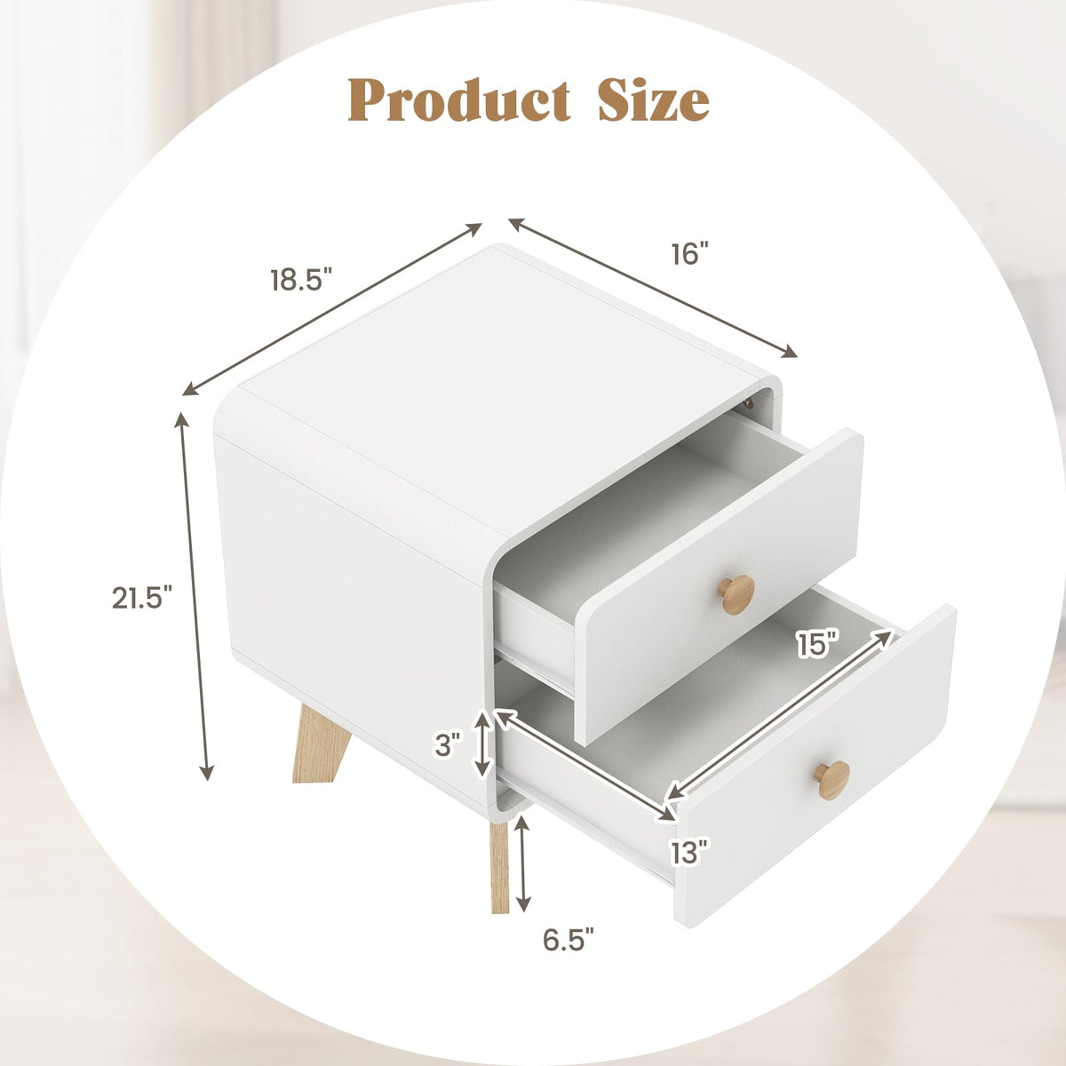 Nightstand with 2 Drawers Solid Rubber Wood Legs-White-Nightstands-DECOROLALA