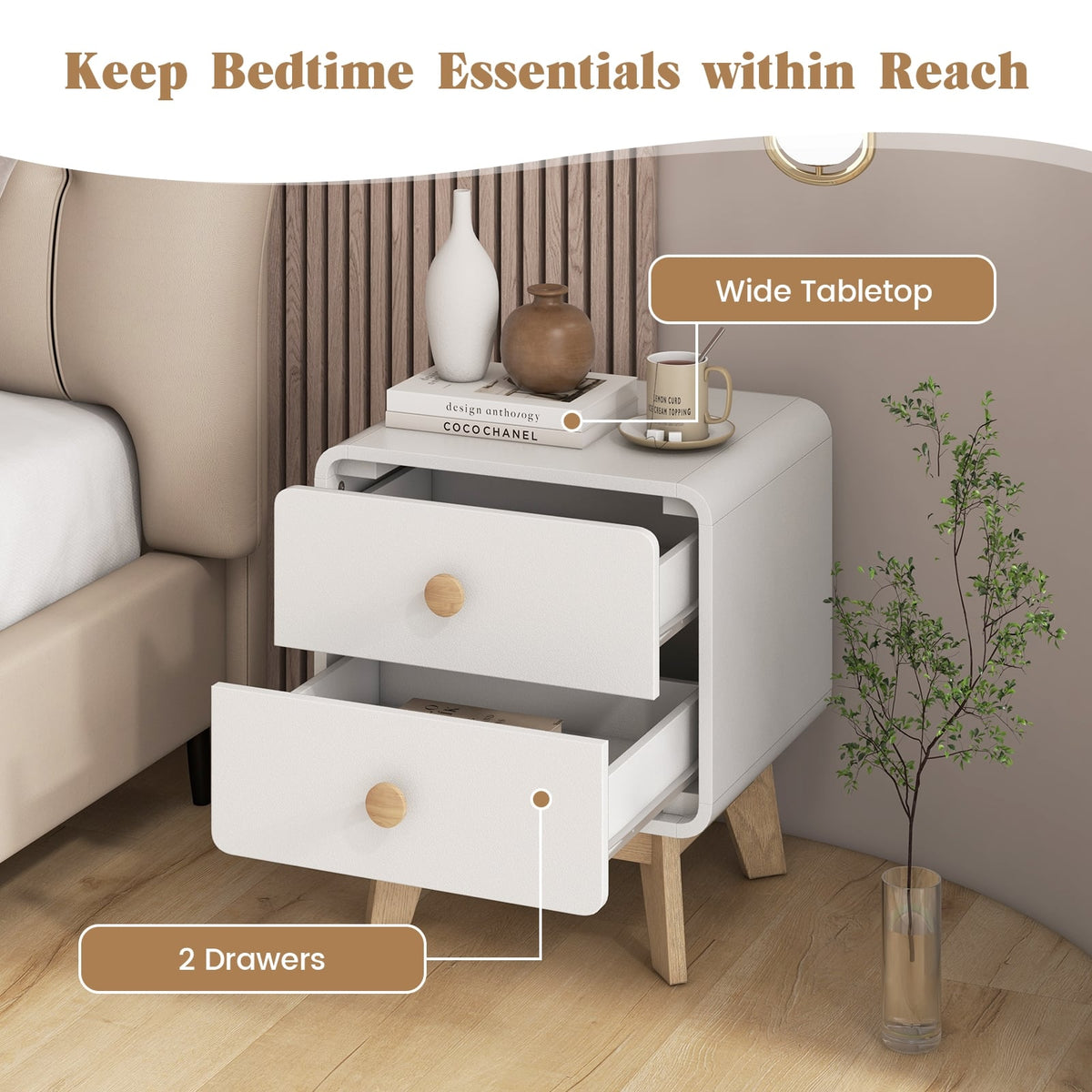Nightstand with 2 Drawers Solid Rubber Wood Legs-White-Nightstands-DECOROLALA