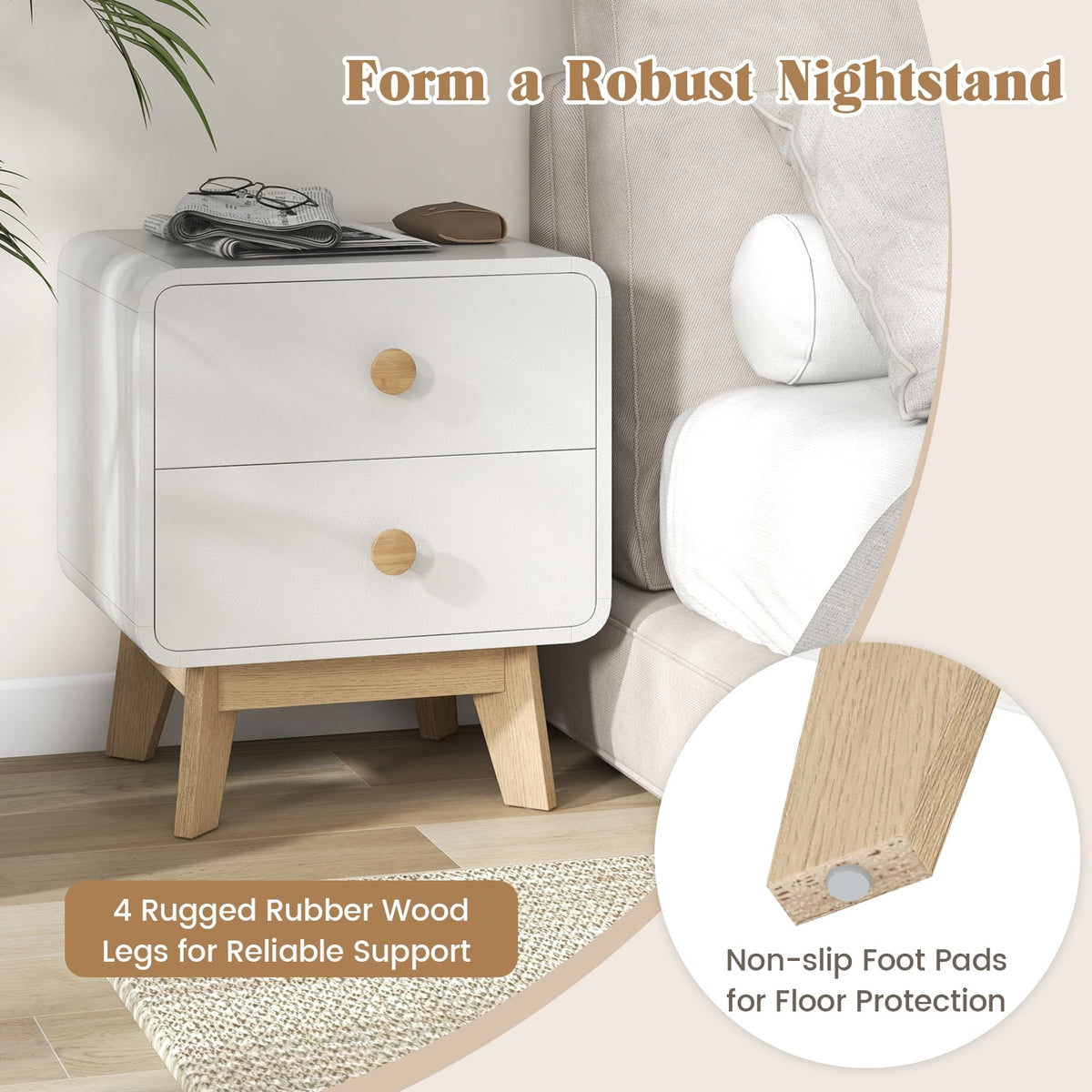 Nightstand with 2 Drawers Solid Rubber Wood Legs-White-Nightstands-DECOROLALA