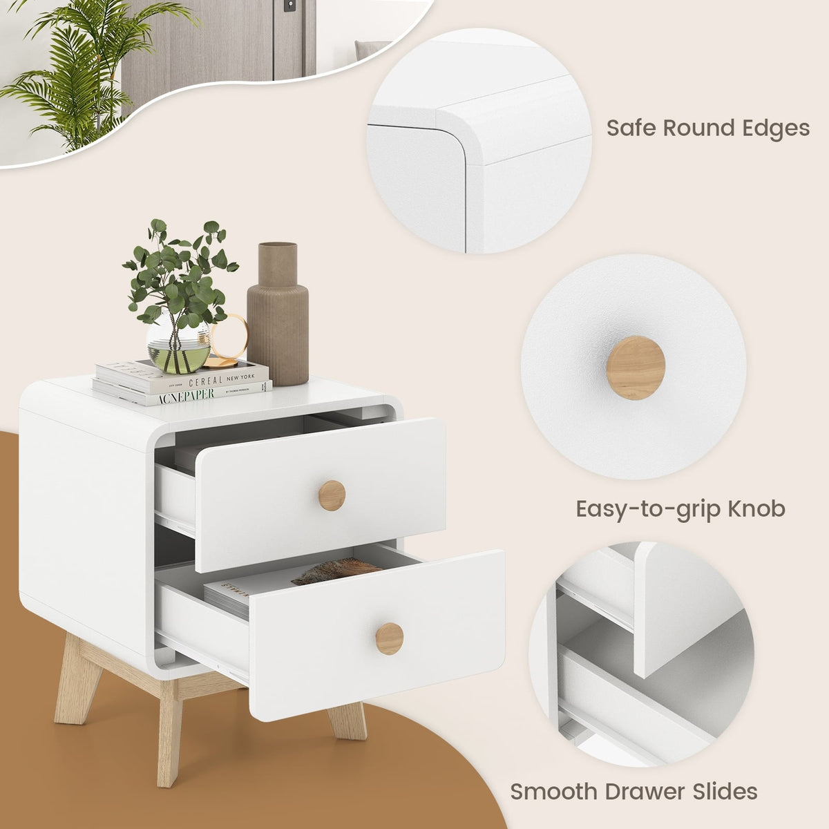Nightstand with 2 Drawers Solid Rubber Wood Legs-White-Nightstands-DECOROLALA