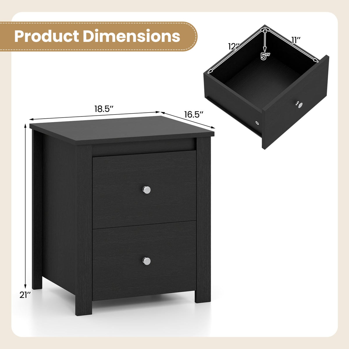 Nightstand with 2 Drawers & Storage for Bedroom Living Room Small Spaces-Black-Nightstands-DECOROLALA