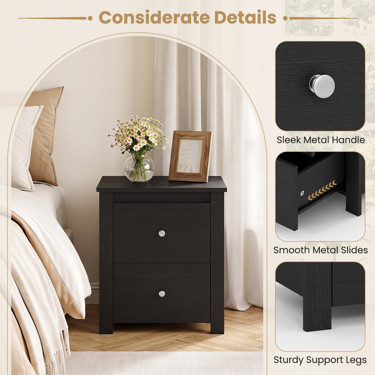 Nightstand with 2 Drawers & Storage for Bedroom Living Room Small Spaces-Black-Nightstands-DECOROLALA