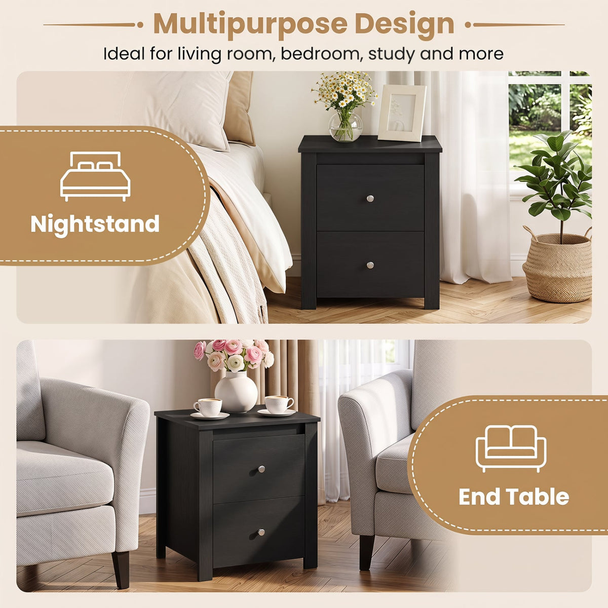 Nightstand with 2 Drawers & Storage for Bedroom Living Room Small Spaces-Black-Nightstands-DECOROLALA