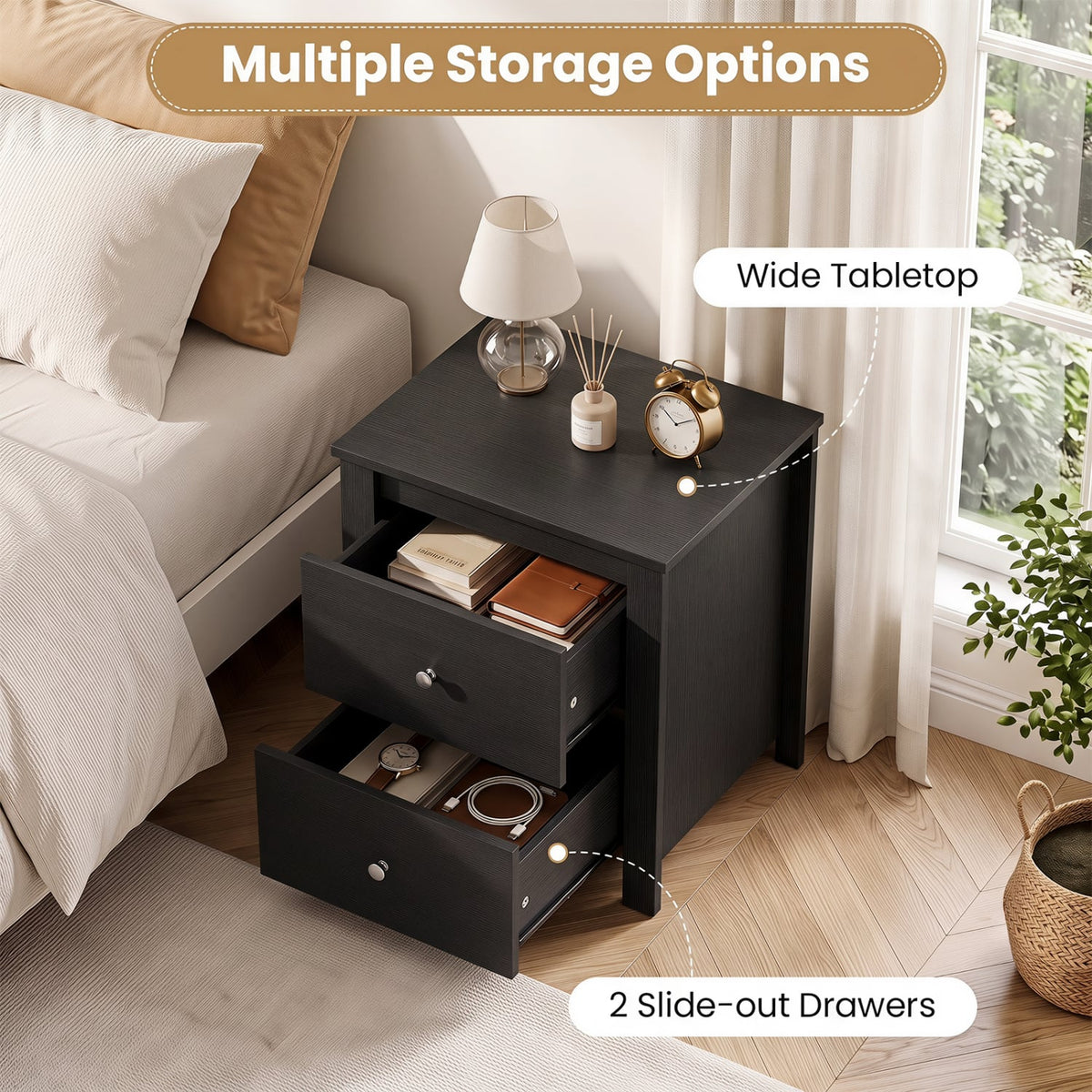 Nightstand with 2 Drawers & Storage for Bedroom Living Room Small Spaces-Black-Nightstands-DECOROLALA