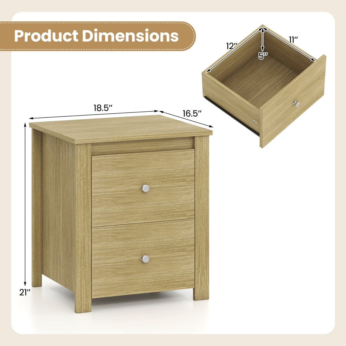 Nightstand with 2 Drawers & Storage for Bedroom Living Room Small Spaces-Natural-Nightstands-DECOROLALA