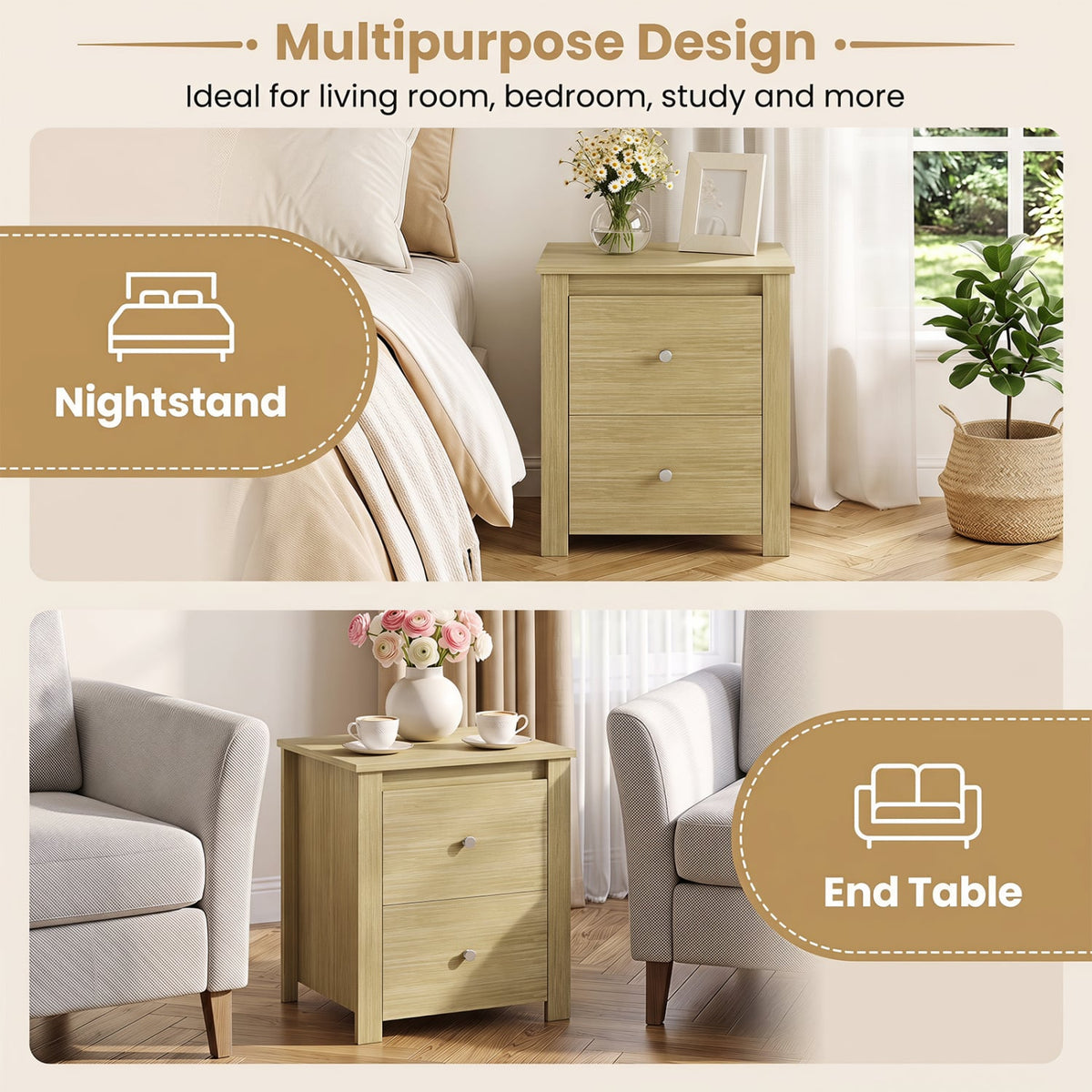 Nightstand with 2 Drawers & Storage for Bedroom Living Room Small Spaces-Natural-Nightstands-DECOROLALA