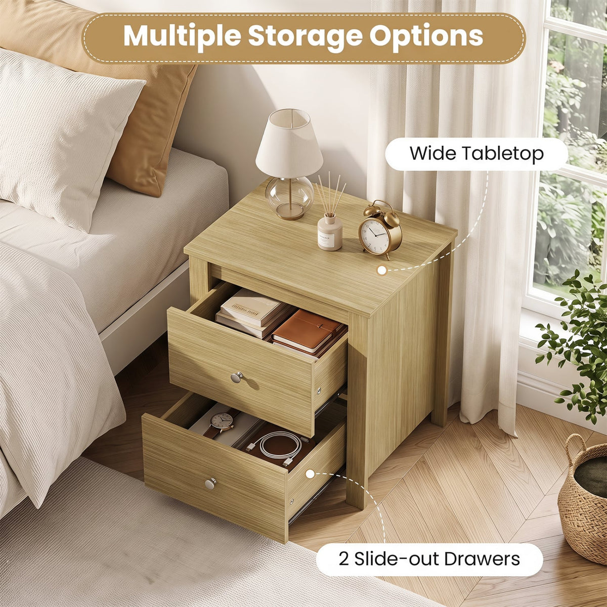 Nightstand with 2 Drawers & Storage for Bedroom Living Room Small Spaces-Natural-Nightstands-DECOROLALA