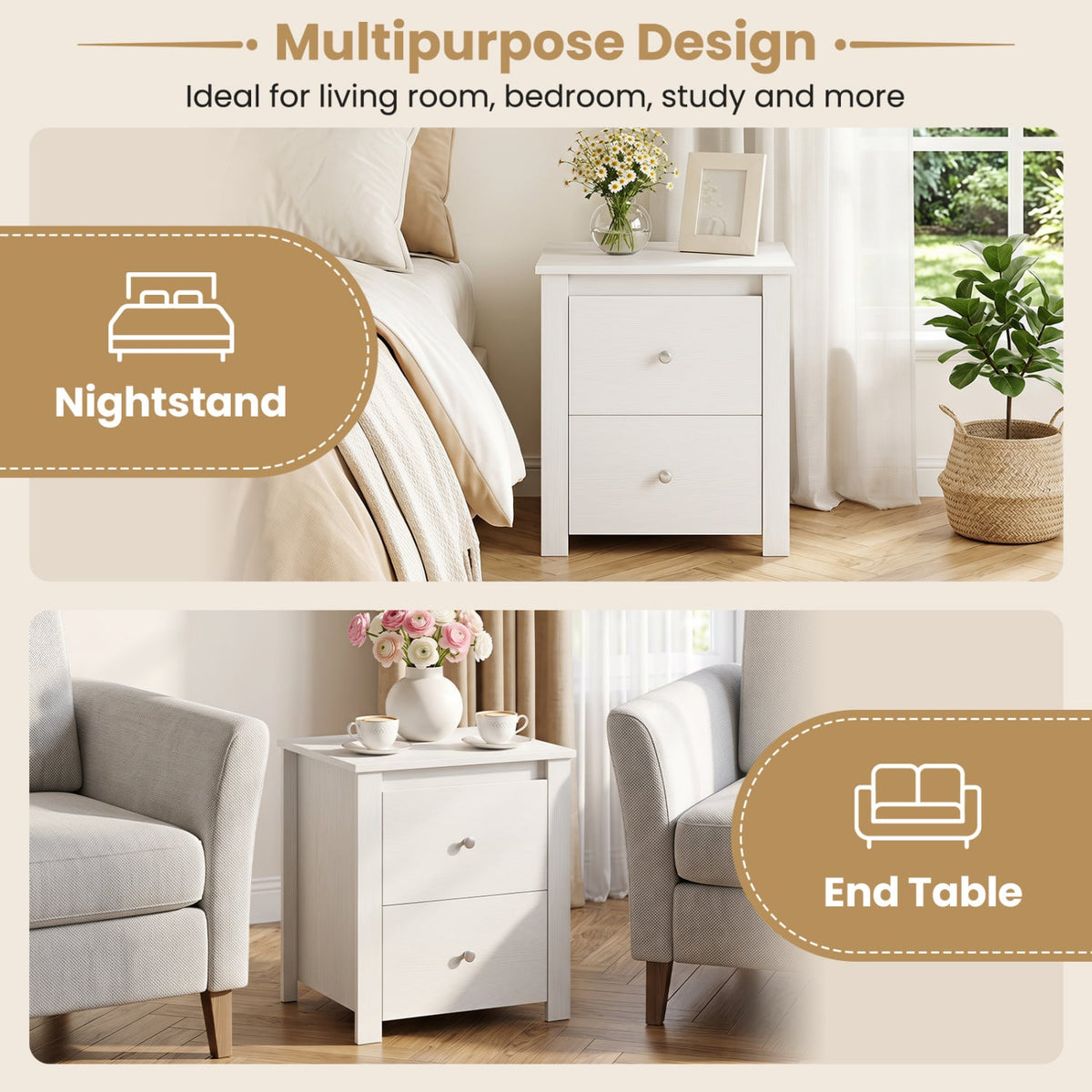 Nightstand with 2 Drawers & Storage for Bedroom Living Room Small Spaces-White-Nightstands-DECOROLALA