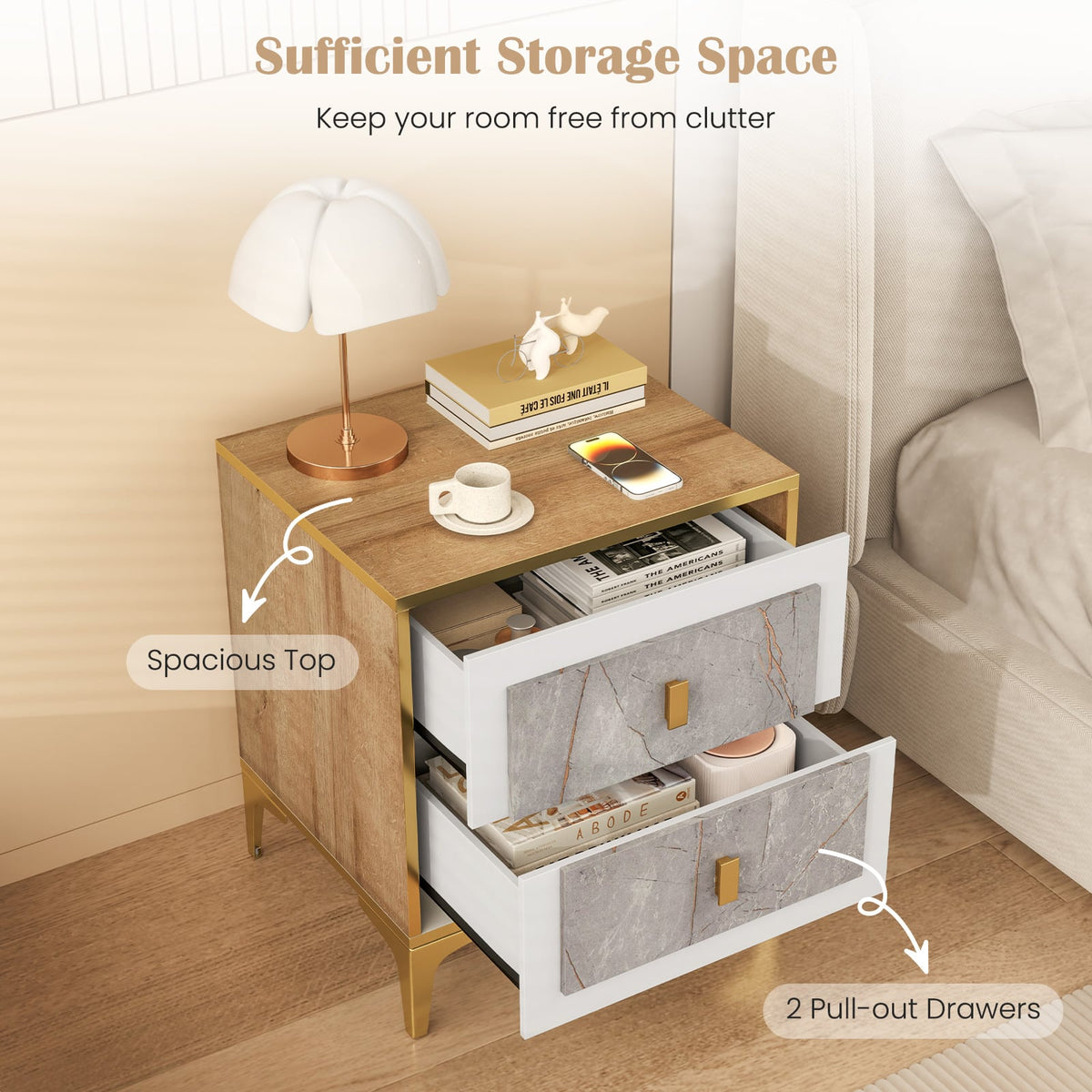 Nightstand with 2 Pull-out Drawers for Living Room Bedroom-Nightstands-DECOROLALA