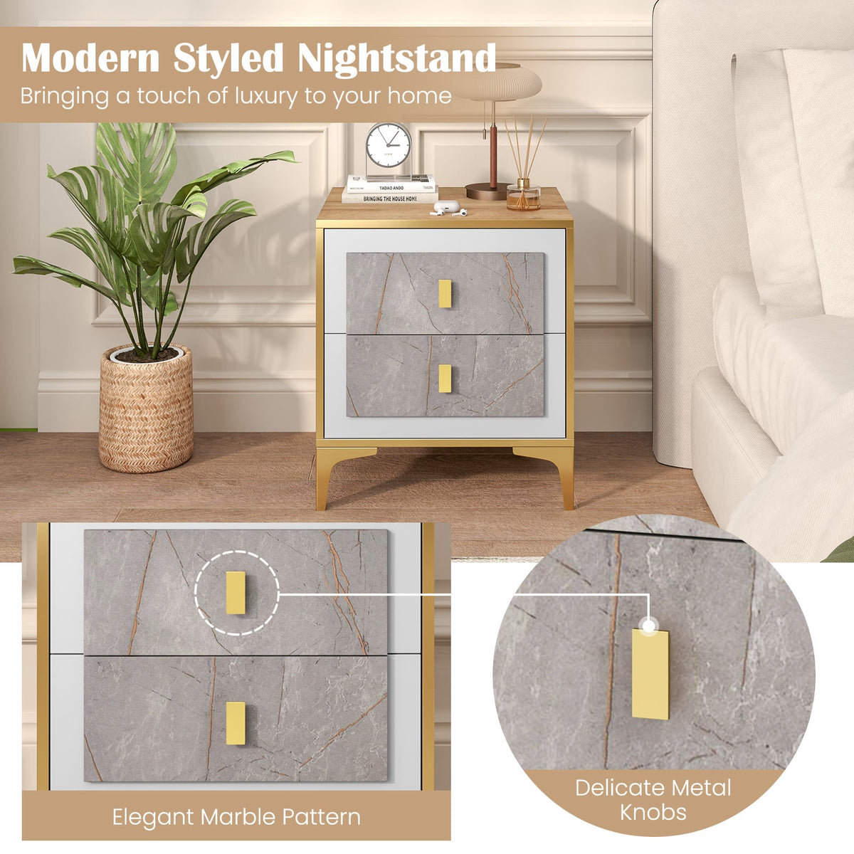 Nightstand with 2 Pull-out Drawers for Living Room Bedroom-Nightstands-DECOROLALA