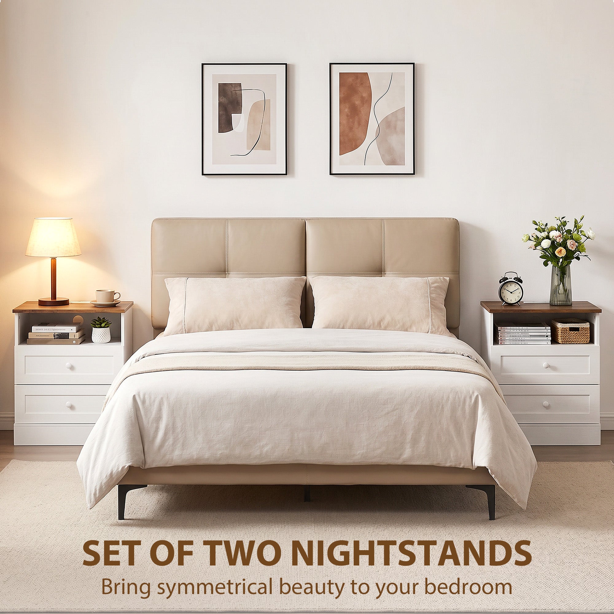 Nightstand with Charging Station 2 Drawers Bedside Table Set of 2 White and Oak-Home Furnishings > Bedroom Furniture > Bedside Tables-DECOROLALA