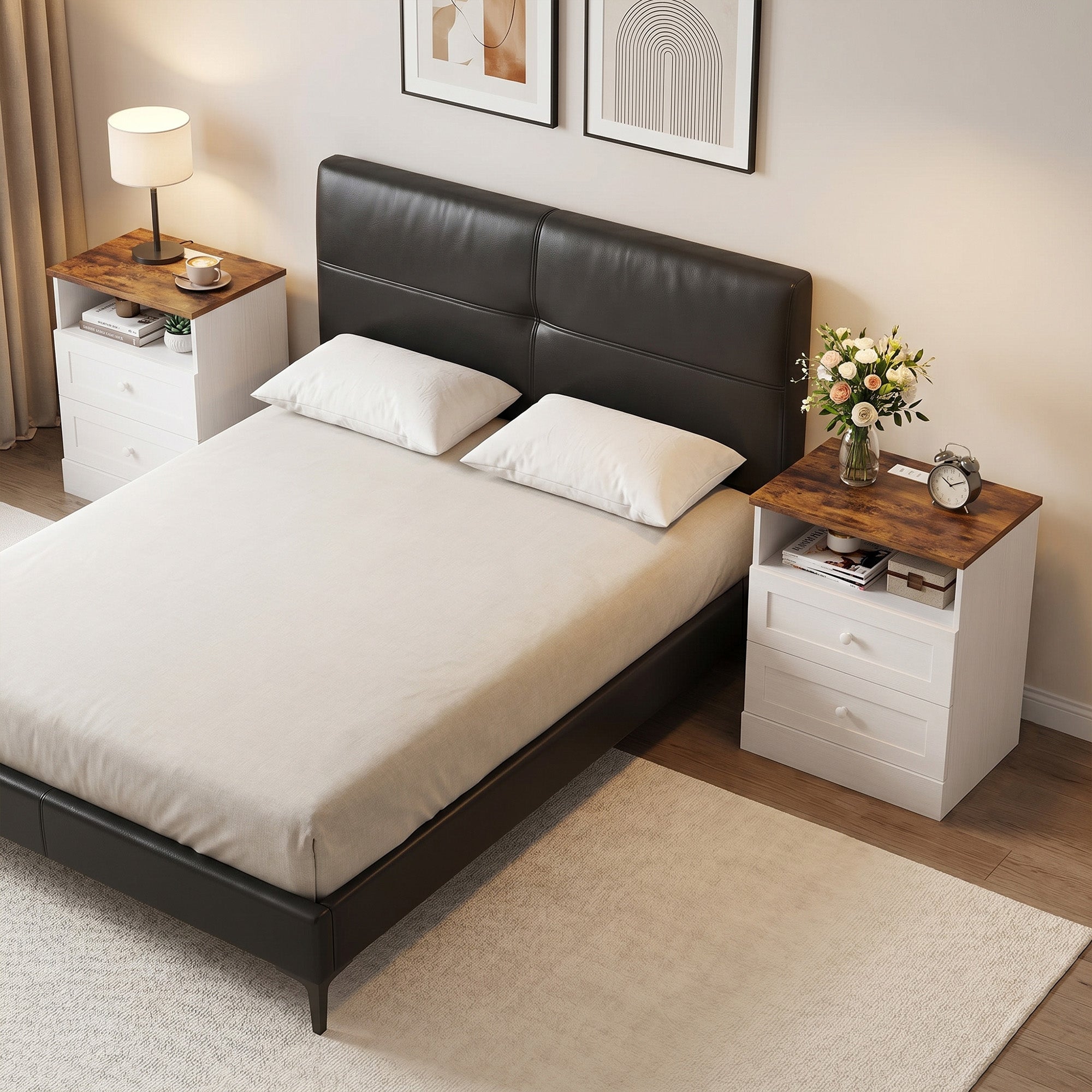 Nightstand with Charging Station 2 Drawers Bedside Table Set of 2 White and Oak-Home Furnishings > Bedroom Furniture > Bedside Tables-DECOROLALA