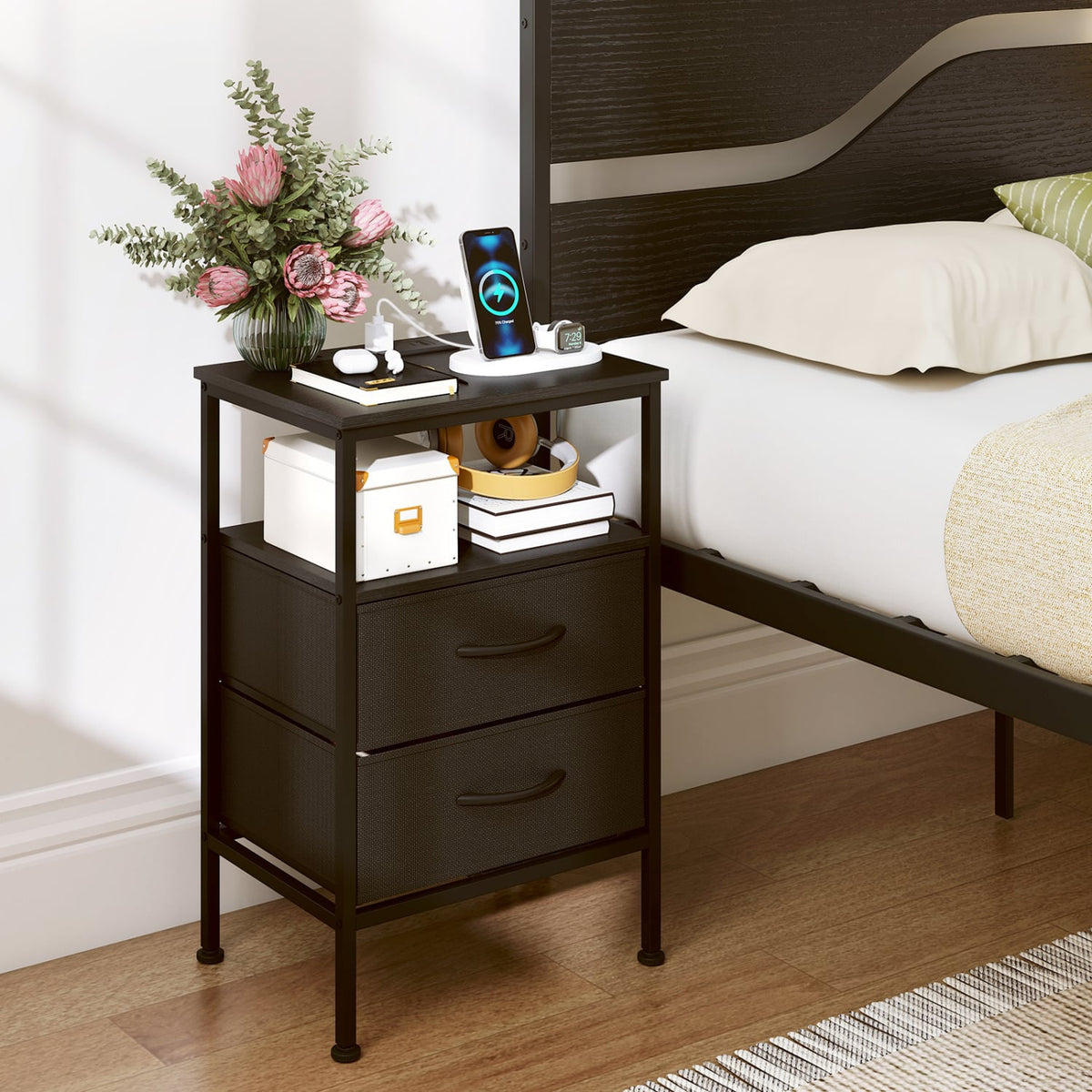 Nightstand with Charging Station 24.5 inch Modern Bedside Table with 2 Fabric Drawers-Black-Nightstands-DECOROLALA