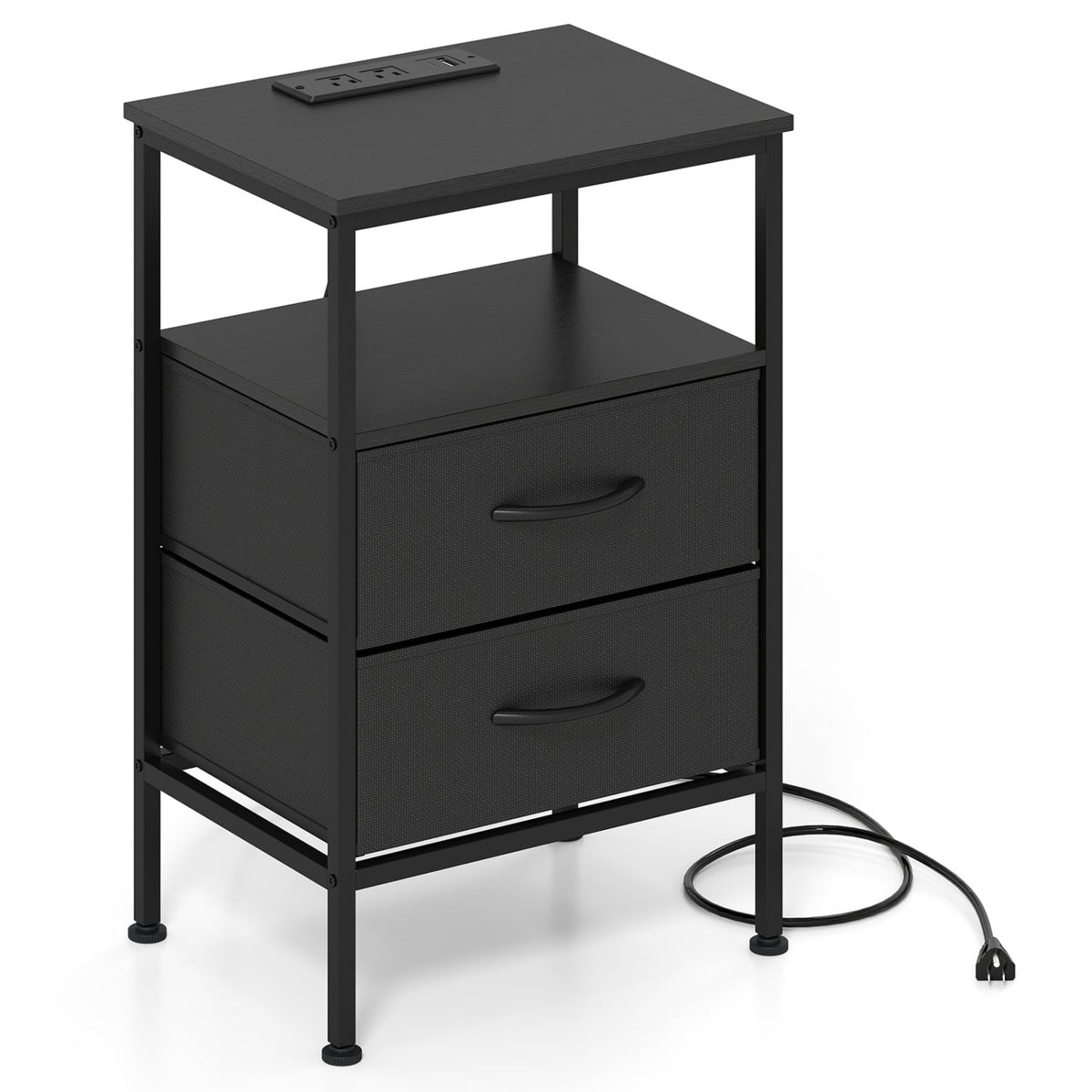 Nightstand with Charging Station 24.5 inch Modern Bedside Table with 2 Fabric Drawers-Black-Nightstands-DECOROLALA