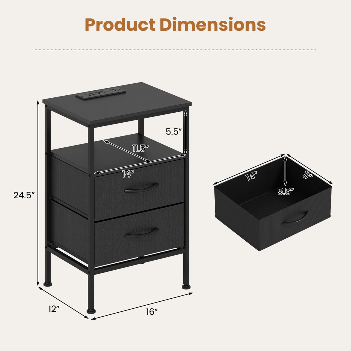 Nightstand with Charging Station 24.5 inch Modern Bedside Table with 2 Fabric Drawers-Black-Nightstands-DECOROLALA