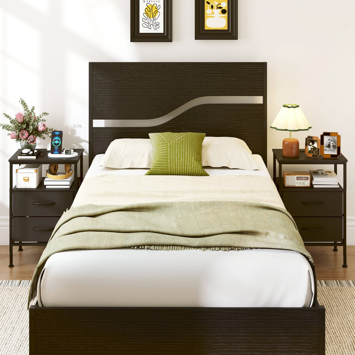 Nightstand with Charging Station 24.5 inch Modern Bedside Table with 2 Fabric Drawers-Black-Nightstands-DECOROLALA