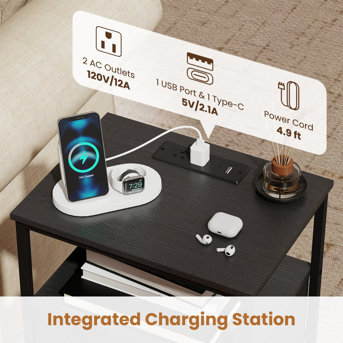 Nightstand with Charging Station 24.5 inch Modern Bedside Table with 2 Fabric Drawers-Black-Nightstands-DECOROLALA
