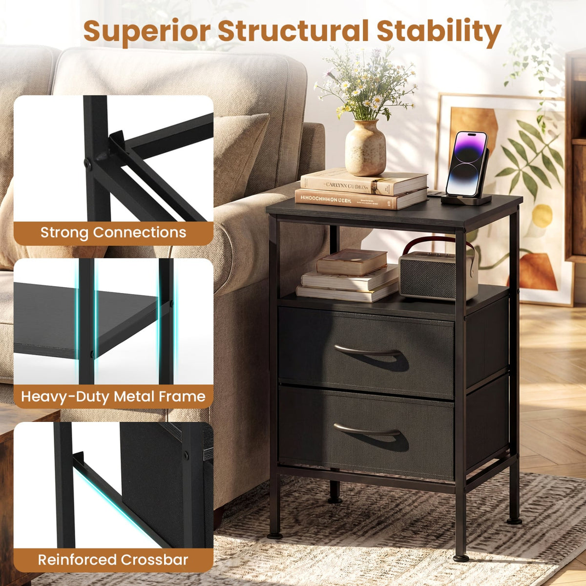Nightstand with Charging Station 24.5 inch Modern Bedside Table with 2 Fabric Drawers-Black-Nightstands-DECOROLALA