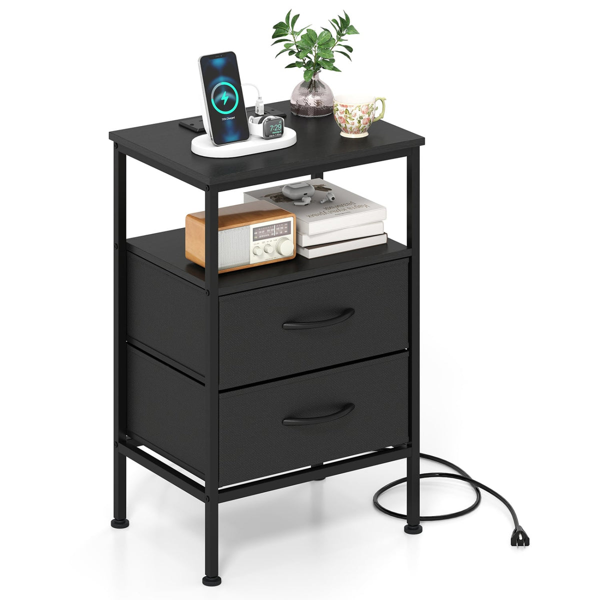 Nightstand with Charging Station 24.5 inch Modern Bedside Table with 2 Fabric Drawers-Black-Nightstands-DECOROLALA