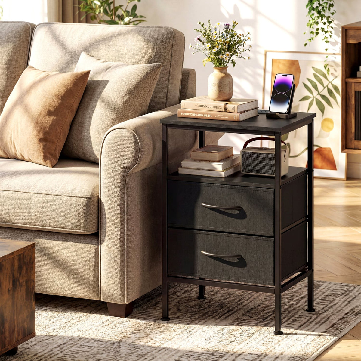 Nightstand with Charging Station 24.5 inch Modern Bedside Table with 2 Fabric Drawers-Black-Nightstands-DECOROLALA