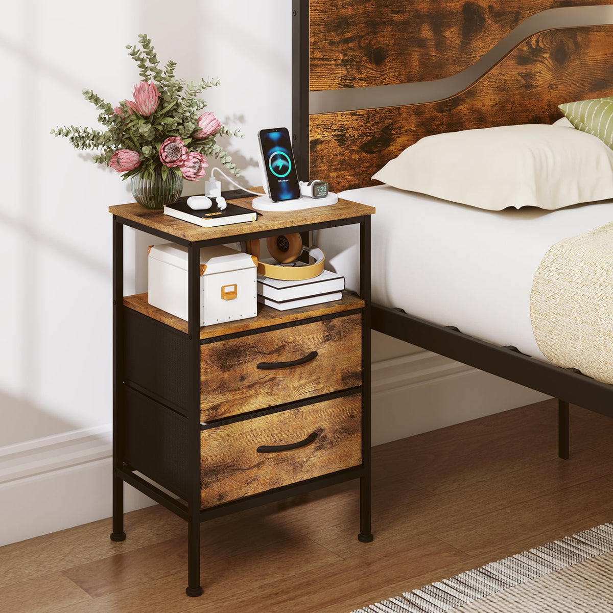 Nightstand with Charging Station 24.5 inch Modern Bedside Table with 2 Fabric Drawers-Rustic Brown-Nightstands-DECOROLALA
