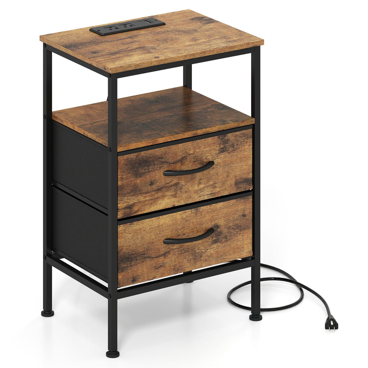 Nightstand with Charging Station 24.5 inch Modern Bedside Table with 2 Fabric Drawers-Rustic Brown-Nightstands-DECOROLALA