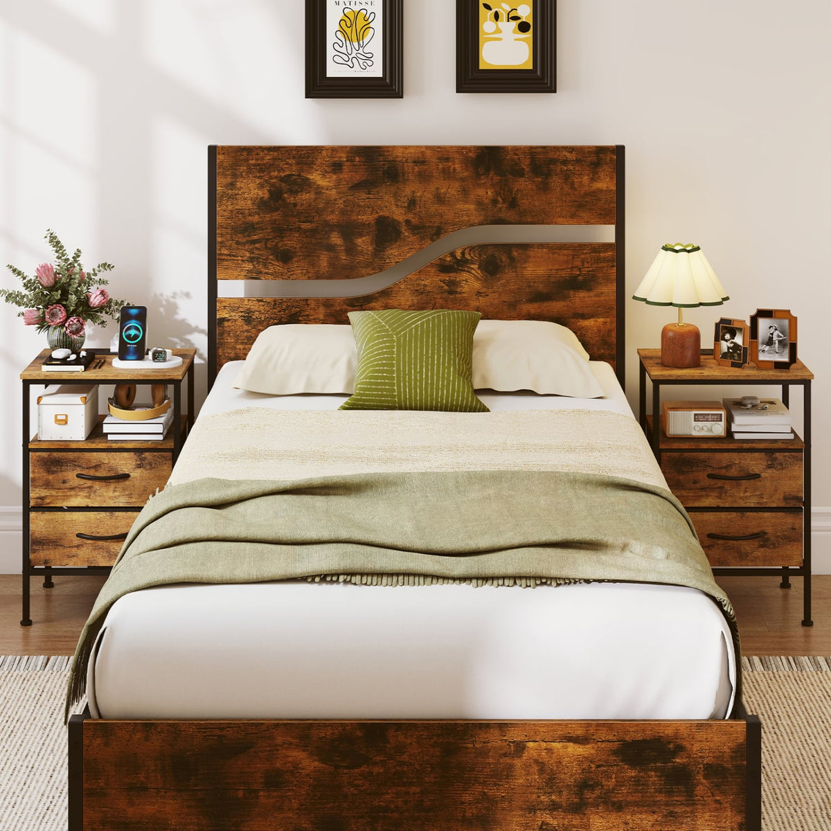 Nightstand with Charging Station 24.5 inch Modern Bedside Table with 2 Fabric Drawers-Rustic Brown-Nightstands-DECOROLALA