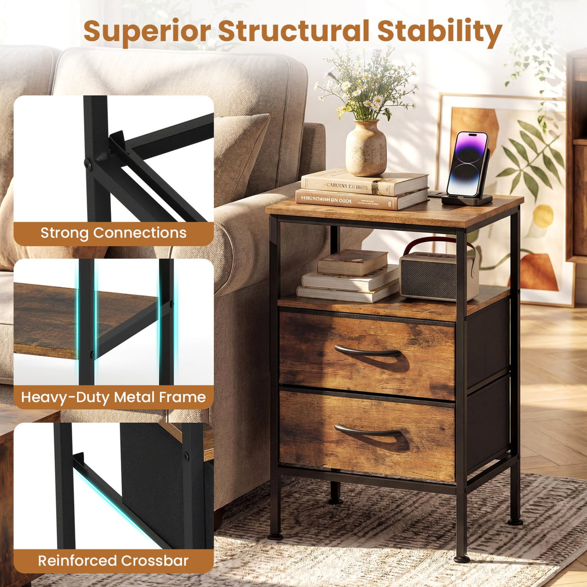Nightstand with Charging Station 24.5 inch Modern Bedside Table with 2 Fabric Drawers-Rustic Brown-Nightstands-DECOROLALA