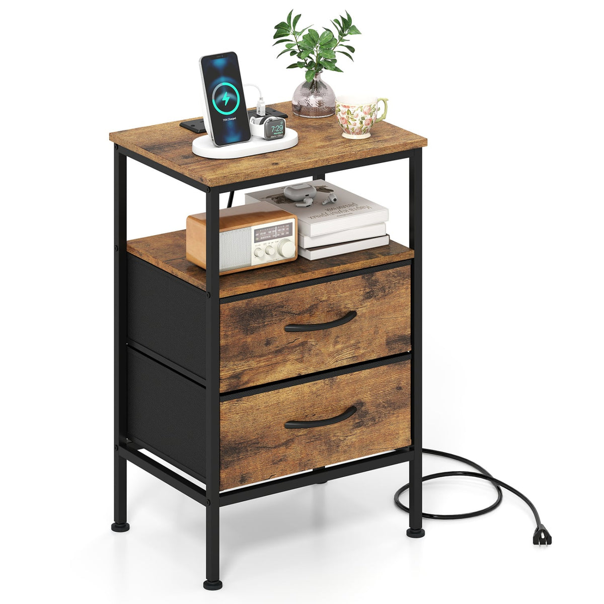 Nightstand with Charging Station 24.5 inch Modern Bedside Table with 2 Fabric Drawers-Rustic Brown-Nightstands-DECOROLALA