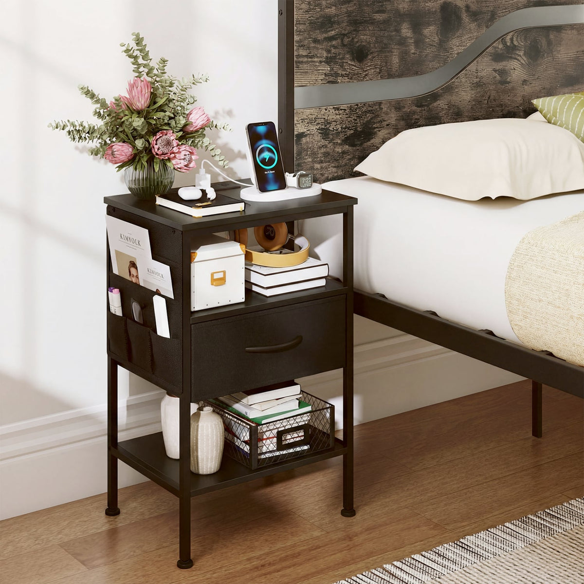 Nightstand with Charging Station 24.5 inch Modern Bedside Table with Fabric Drawer-Black-Nightstands-DECOROLALA