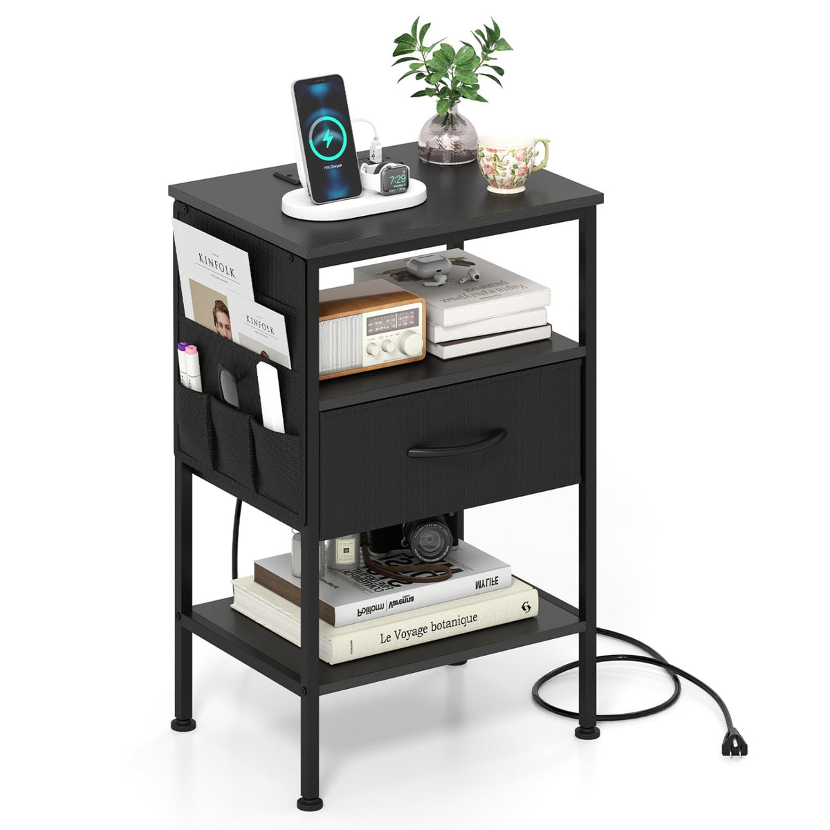 Nightstand with Charging Station 24.5 inch Modern Bedside Table with Fabric Drawer-Black-Nightstands-DECOROLALA