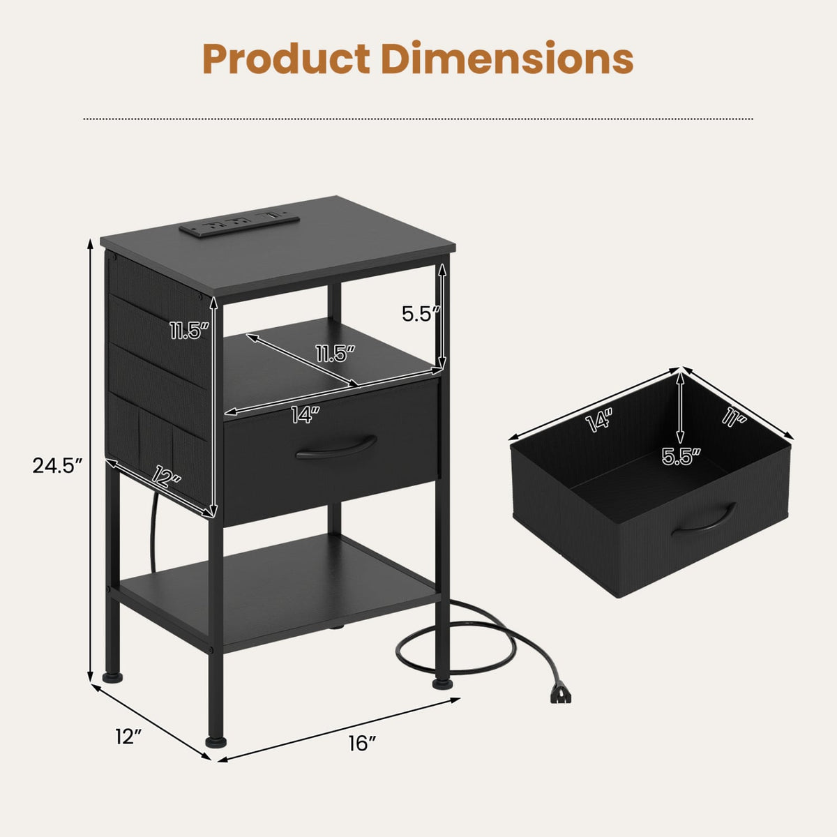 Nightstand with Charging Station 24.5 inch Modern Bedside Table with Fabric Drawer-Black-Nightstands-DECOROLALA