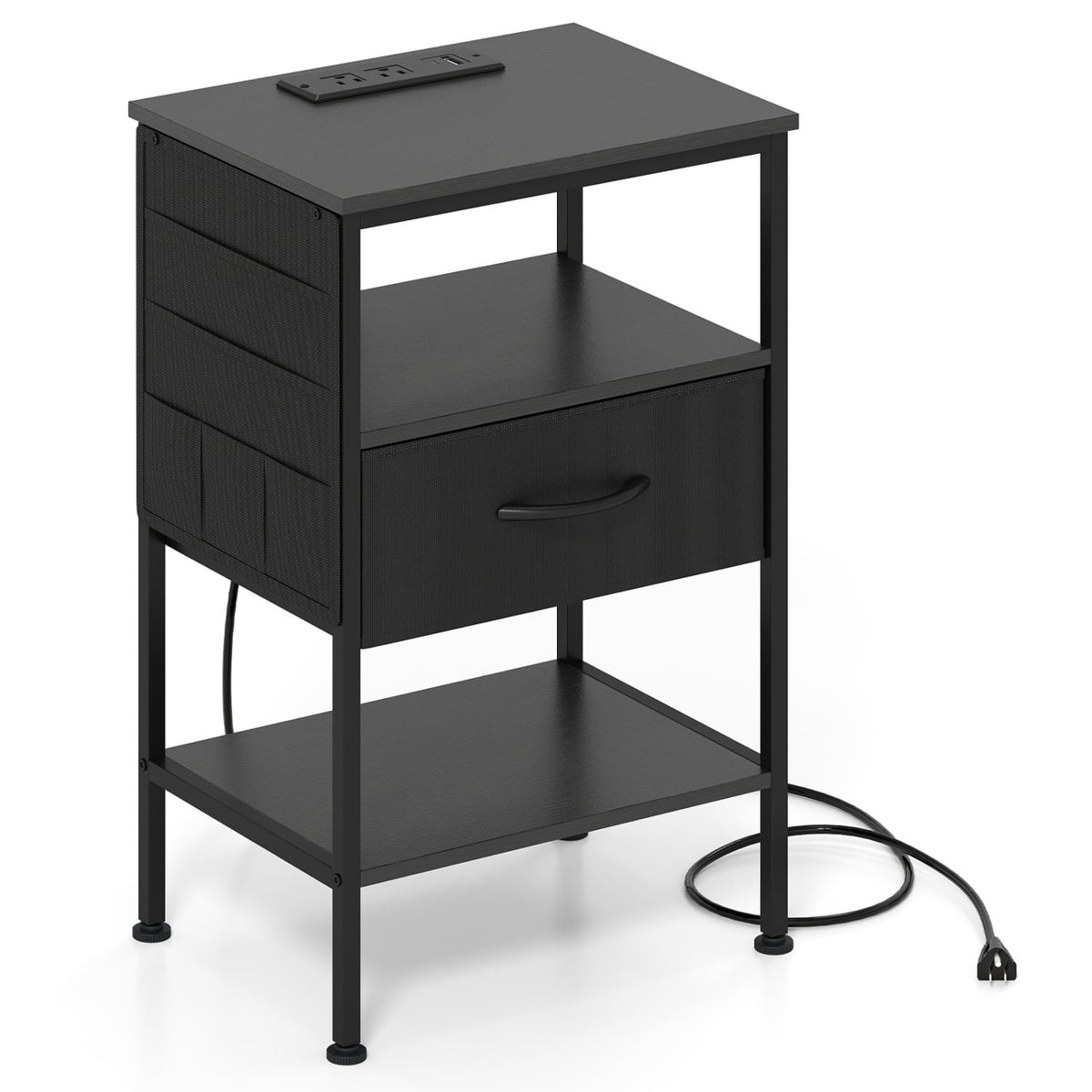 Nightstand with Charging Station 24.5 inch Modern Bedside Table with Fabric Drawer-Black-Nightstands-DECOROLALA