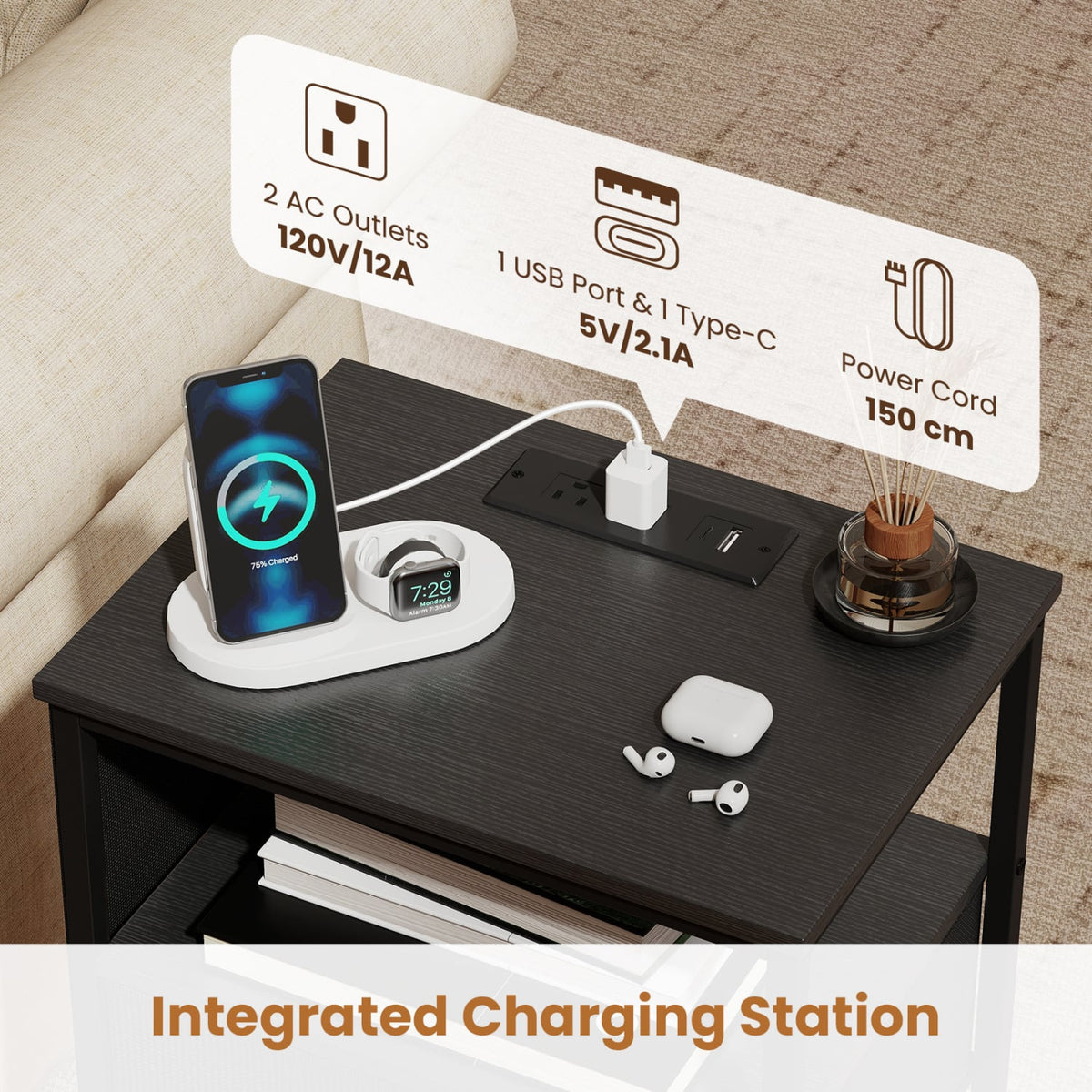 Nightstand with Charging Station 24.5 inch Modern Bedside Table with Fabric Drawer-Black-Nightstands-DECOROLALA