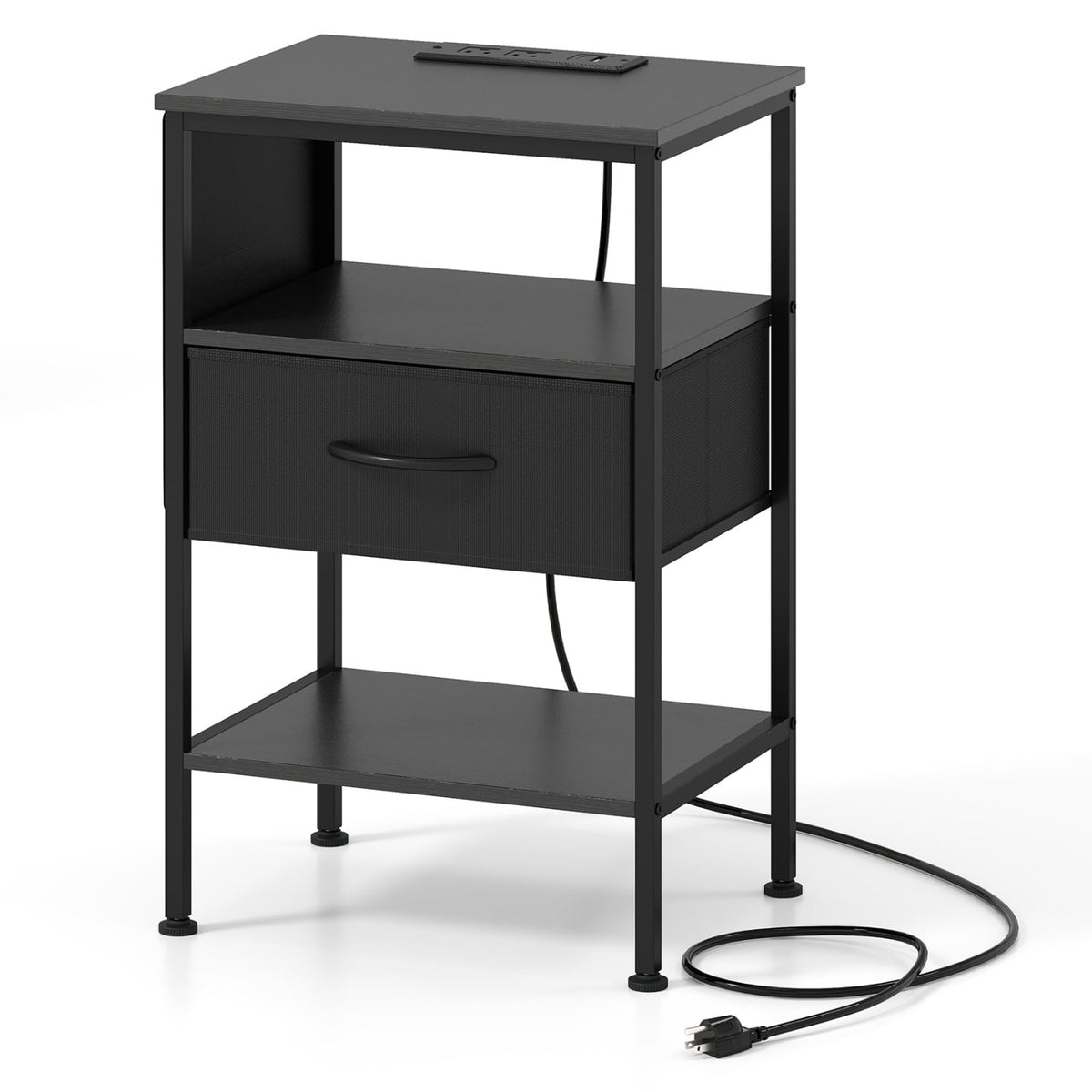 Nightstand with Charging Station 24.5 inch Modern Bedside Table with Fabric Drawer-Black-Nightstands-DECOROLALA