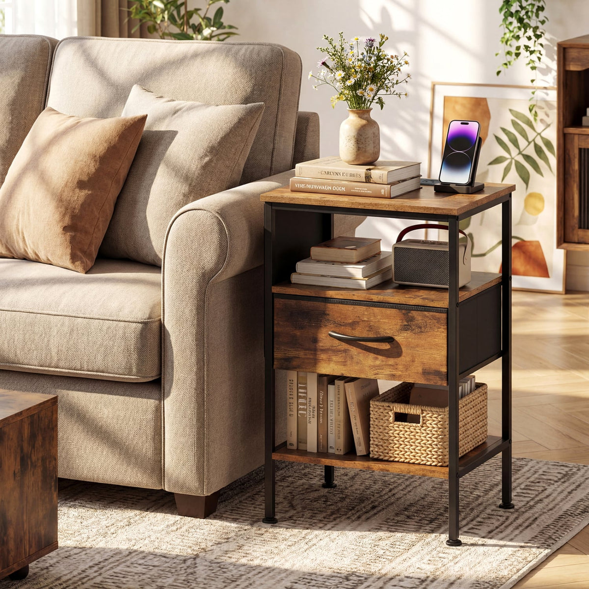 Nightstand with Charging Station 24.5 inch Modern Bedside Table with Fabric Drawer-Rustic Brown-Nightstands-DECOROLALA