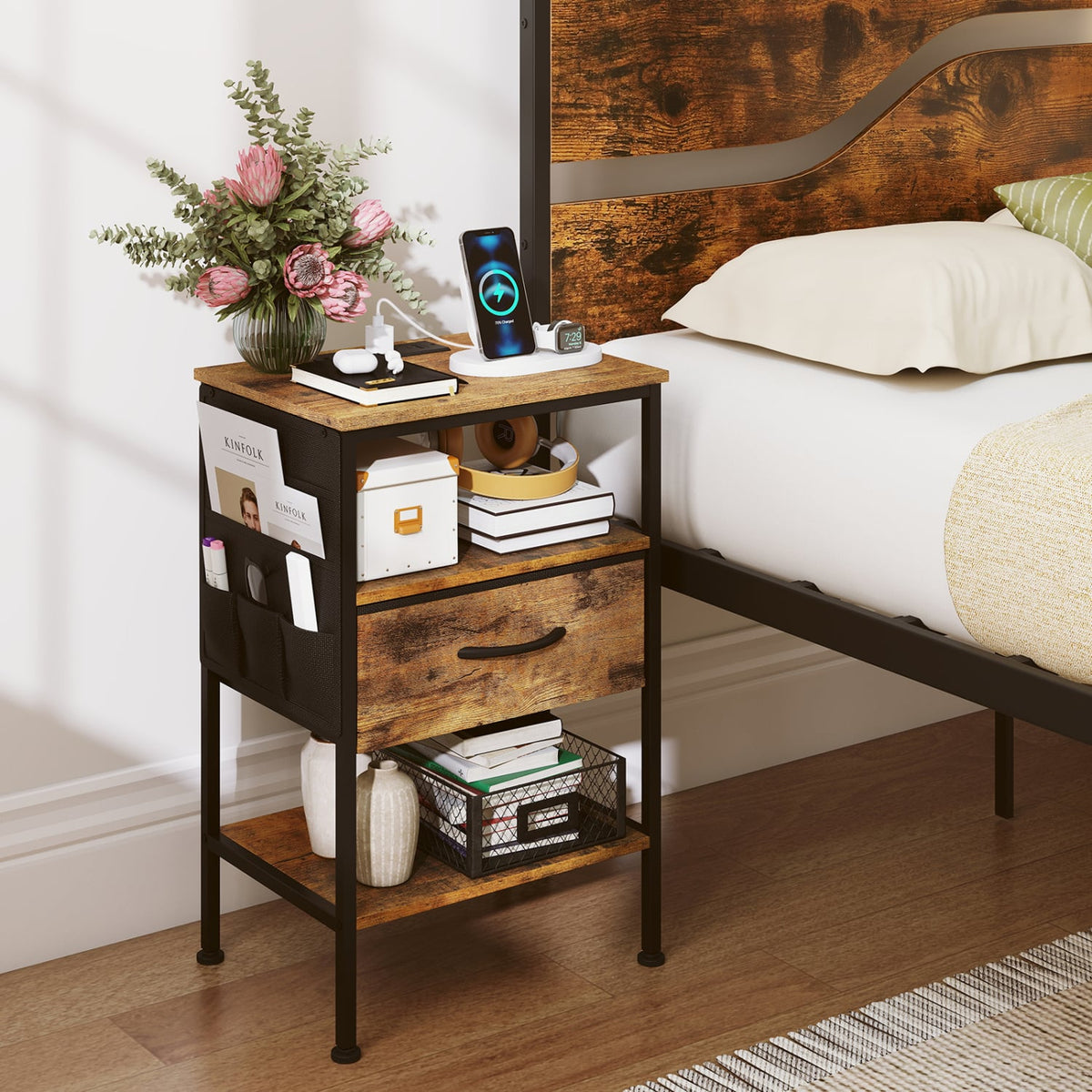 Nightstand with Charging Station 24.5 inch Modern Bedside Table with Fabric Drawer-Rustic Brown-Nightstands-DECOROLALA