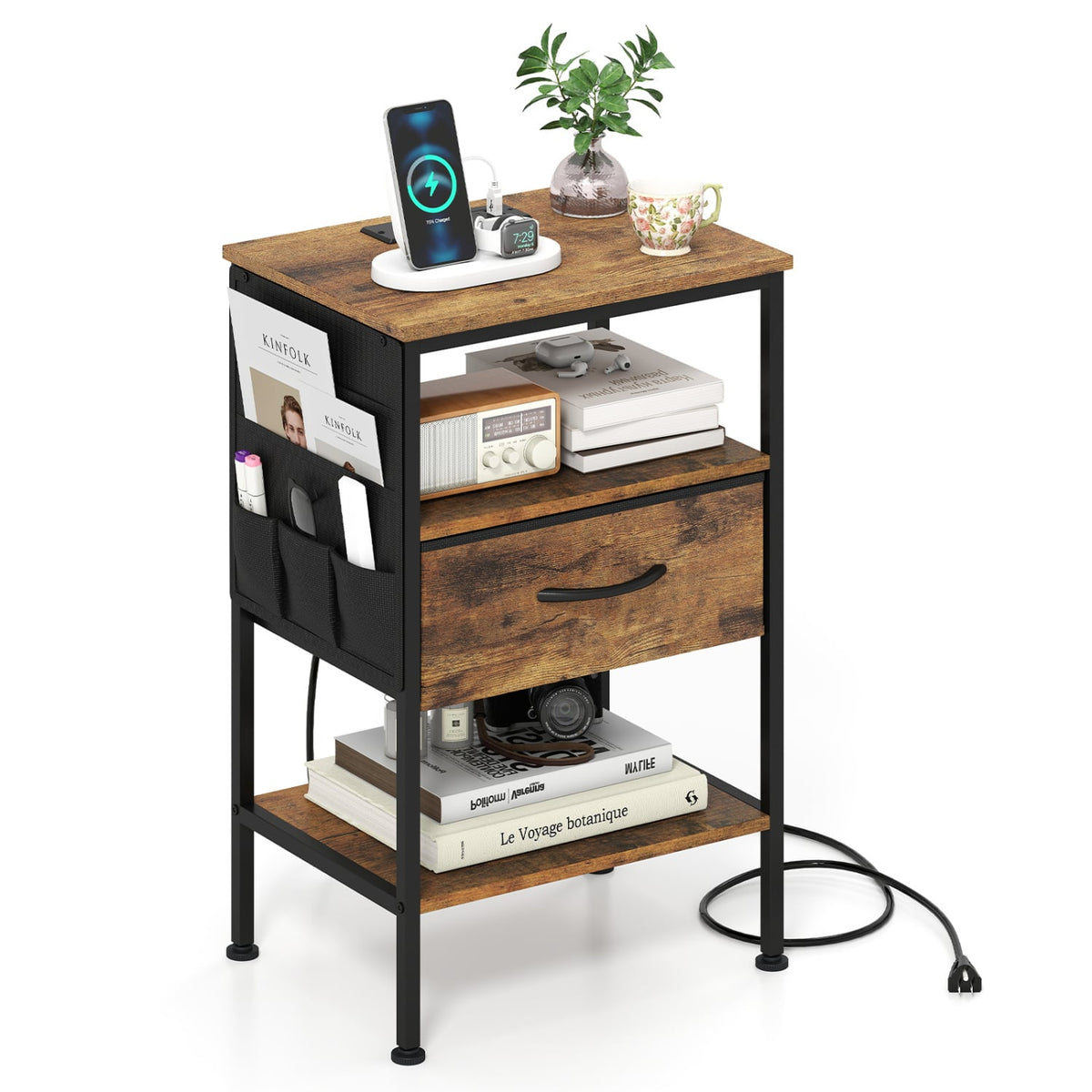 Nightstand with Charging Station 24.5 inch Modern Bedside Table with Fabric Drawer-Rustic Brown-Nightstands-DECOROLALA