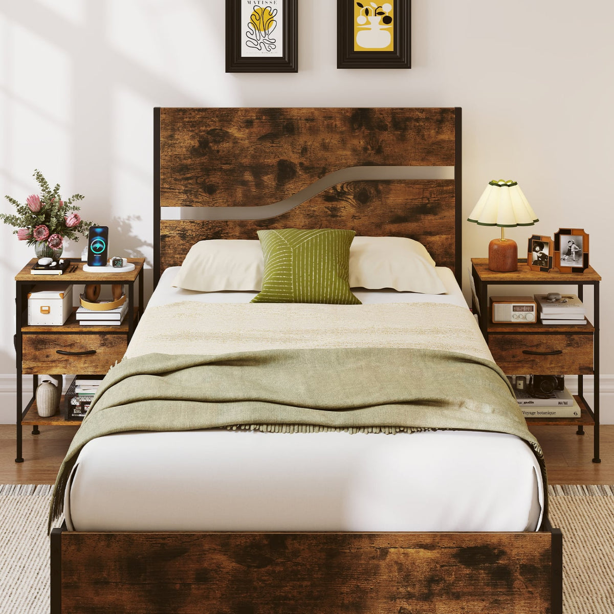 Nightstand with Charging Station 24.5 inch Modern Bedside Table with Fabric Drawer-Rustic Brown-Nightstands-DECOROLALA