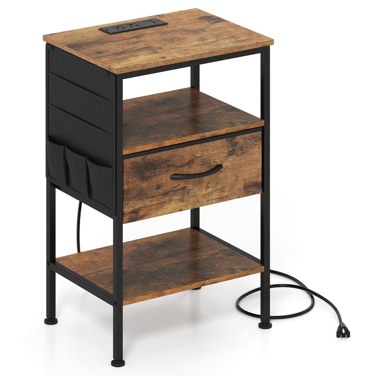 Nightstand with Charging Station 24.5 inch Modern Bedside Table with Fabric Drawer-Rustic Brown-Nightstands-DECOROLALA
