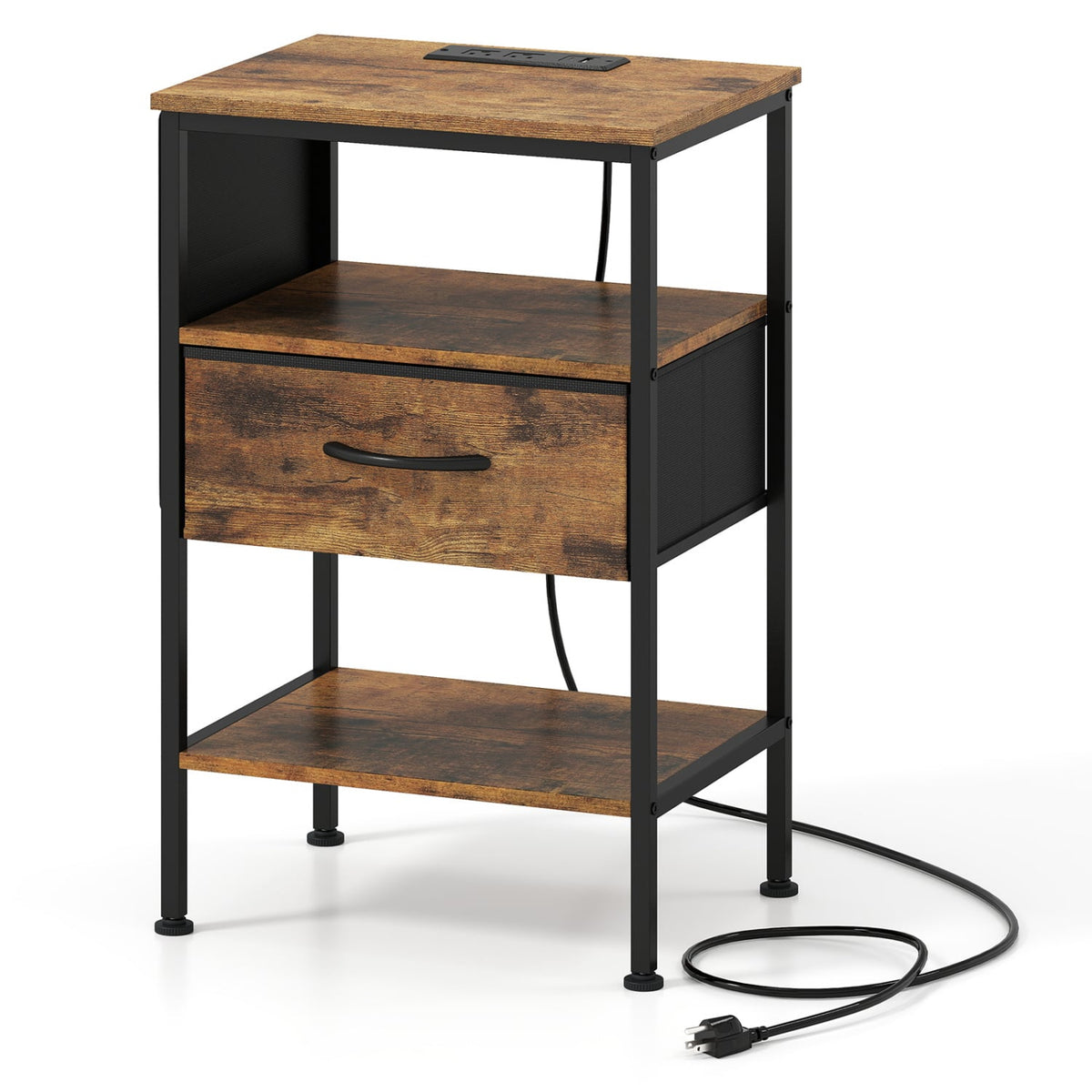 Nightstand with Charging Station 24.5 inch Modern Bedside Table with Fabric Drawer-Rustic Brown-Nightstands-DECOROLALA