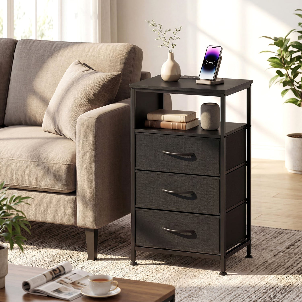 Nightstand with Charging Station 27.5 inch Modern Bedside Table with 3 Fabric Drawers-Black-Nightstands-DECOROLALA