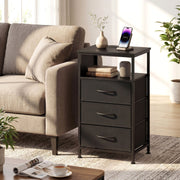 Nightstand with Charging Station 27.5 inch Modern Bedside Table with 3 Fabric Drawers-Black-Nightstands-DECOROLALA