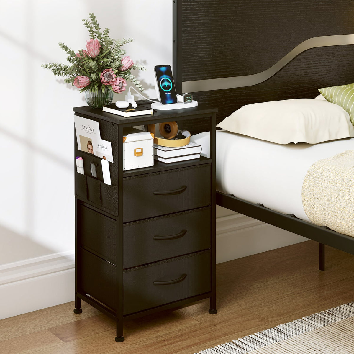 Nightstand with Charging Station 27.5 inch Modern Bedside Table with 3 Fabric Drawers-Black-Nightstands-DECOROLALA