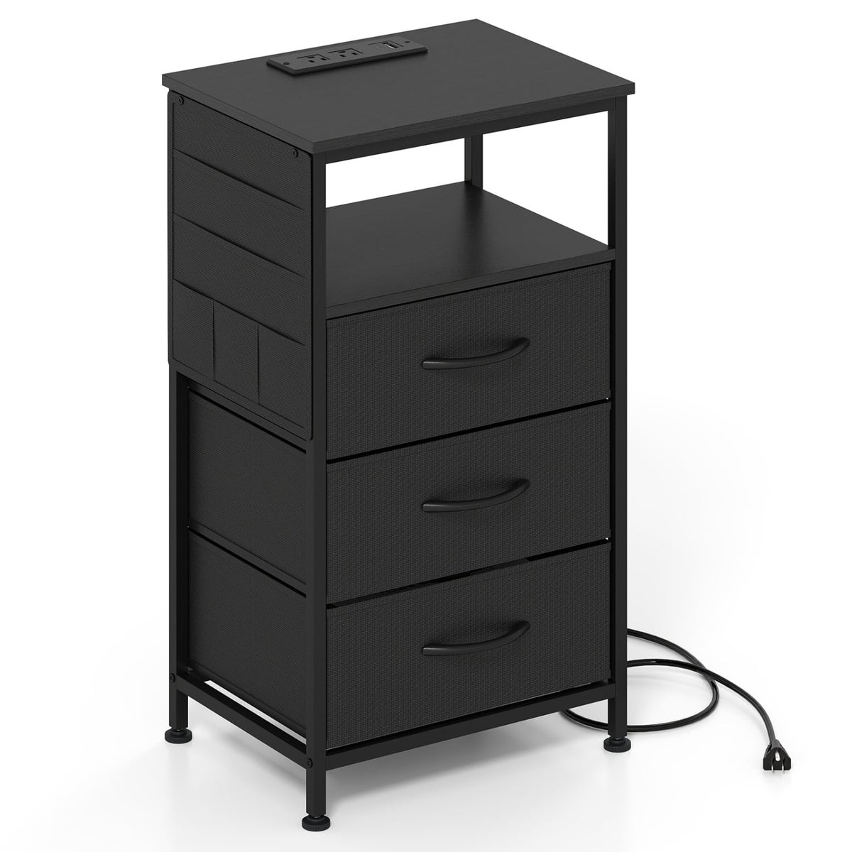 Nightstand with Charging Station 27.5 inch Modern Bedside Table with 3 Fabric Drawers-Black-Nightstands-DECOROLALA