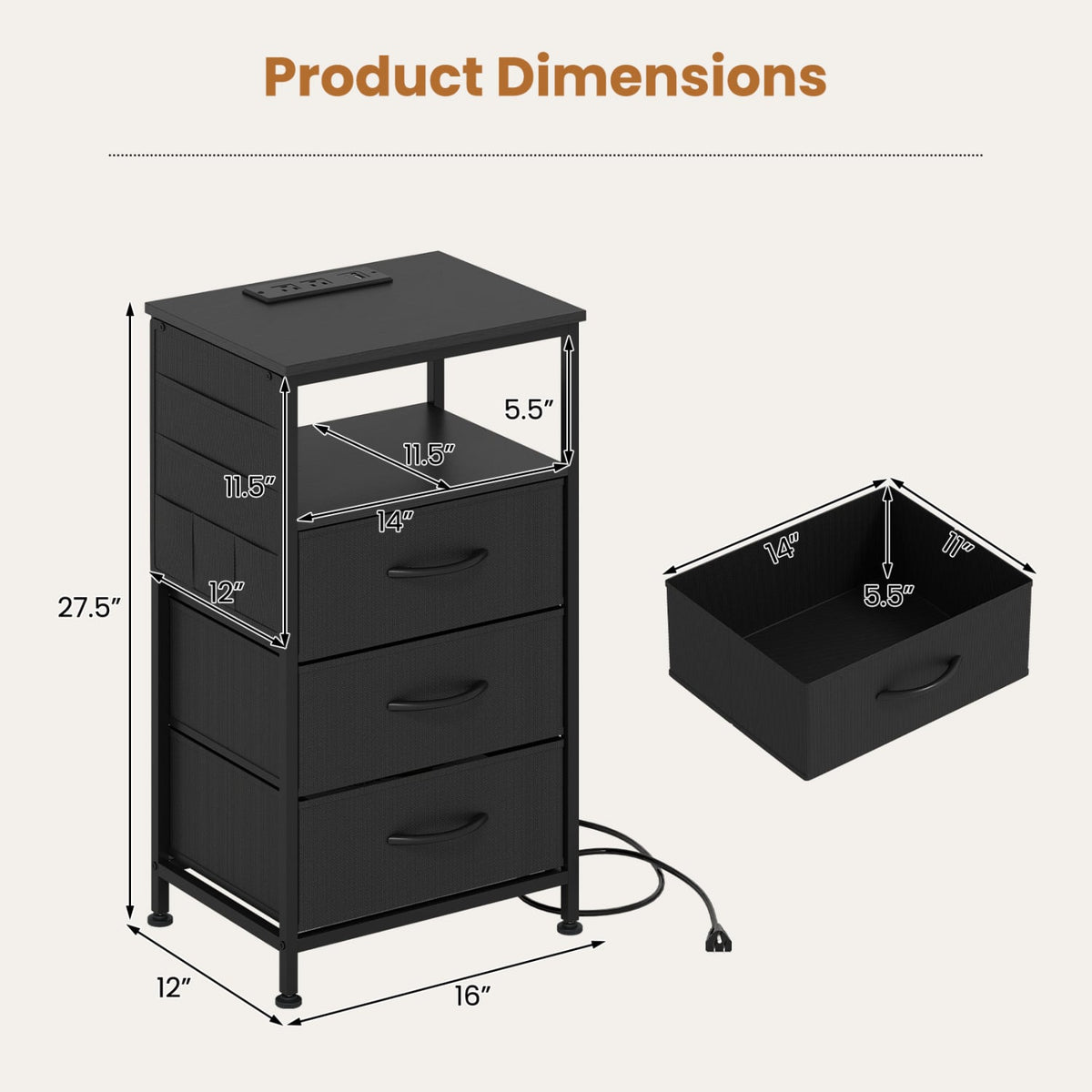 Nightstand with Charging Station 27.5 inch Modern Bedside Table with 3 Fabric Drawers-Black-Nightstands-DECOROLALA