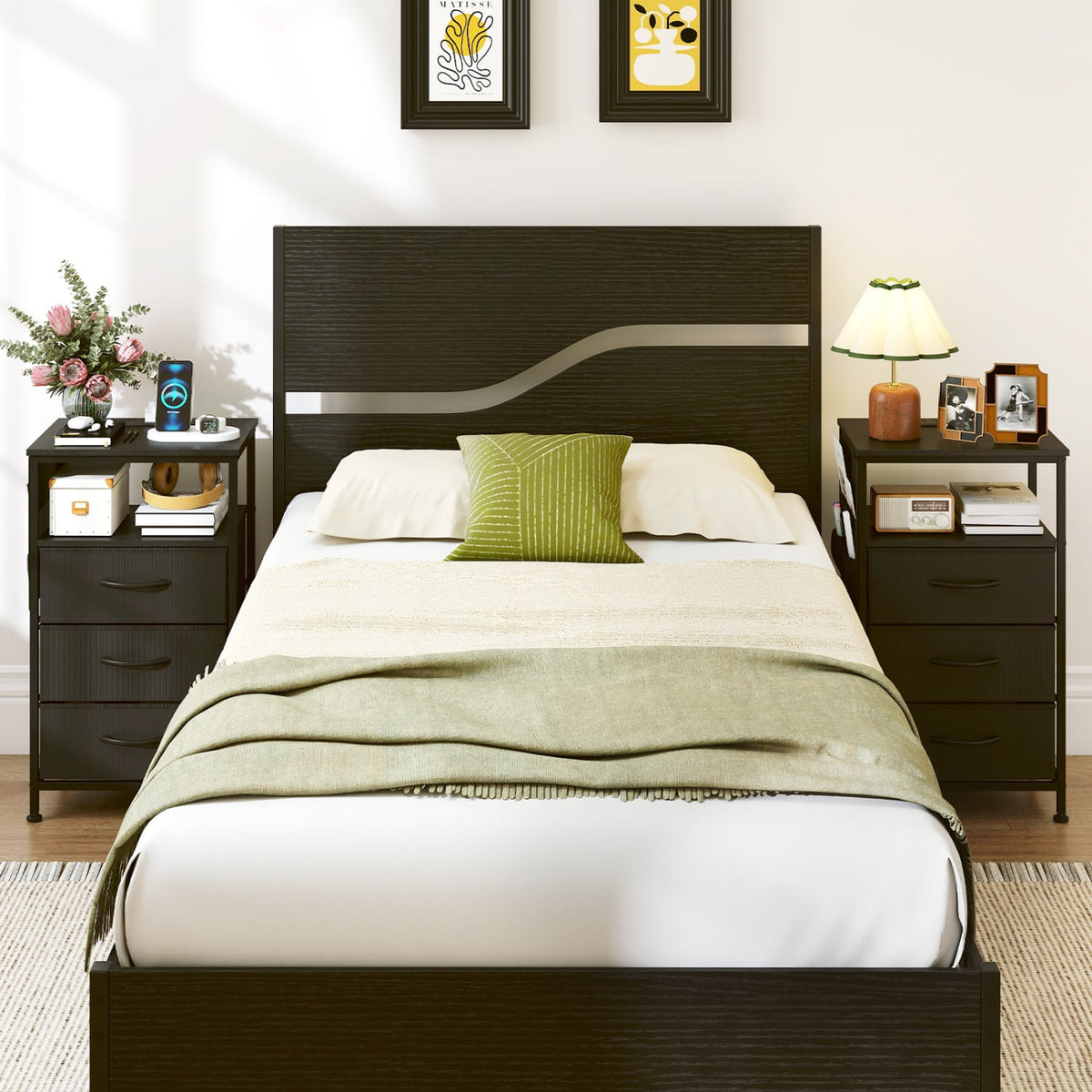 Nightstand with Charging Station 27.5 inch Modern Bedside Table with 3 Fabric Drawers-Black-Nightstands-DECOROLALA