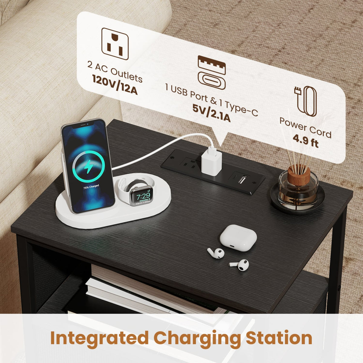 Nightstand with Charging Station 27.5 inch Modern Bedside Table with 3 Fabric Drawers-Black-Nightstands-DECOROLALA